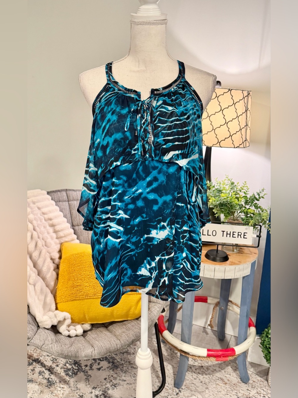 WHBM Teal Abstract Layered Lace Up Blouse 10